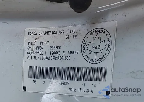 2009 Acura Tl 3.7 из США, поврежденный, VIN 19UUA965X9A801680